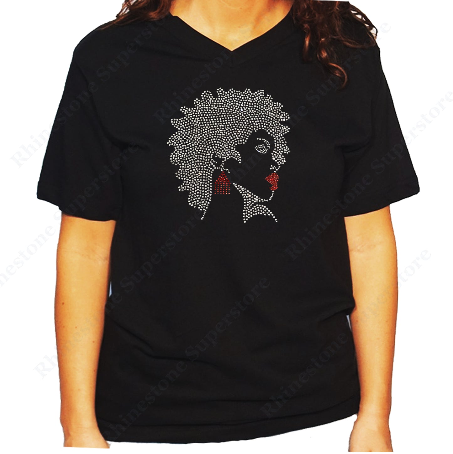 Women's / Unisex T-Shirt with Afro Girl with Red Earrings and Lipstick in Rhinestones