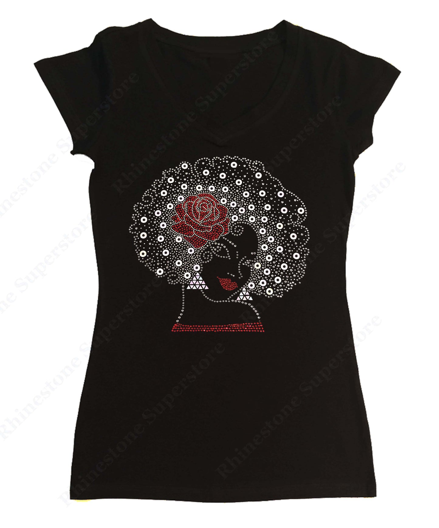 Womens T-shirt with Afro Girl with Red Rose in Rhinestones