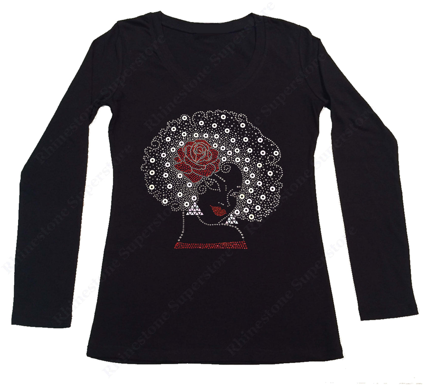 Womens T-shirt with Afro Girl with Red Rose in Rhinestones