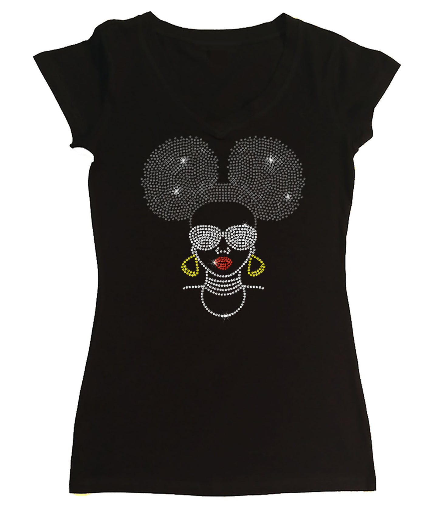 Womens T-shirt with Afro Puff Girl with Glasses in Rhinestones