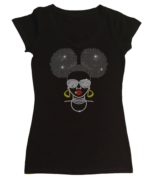 Womens T-shirt with Afro Puff Girl with Glasses in Rhinestones
