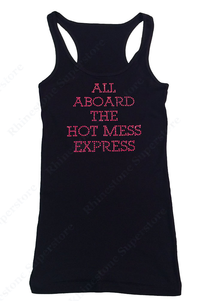 Womens T-shirt with All Aboard the Hot Mess Express in Rhinestones