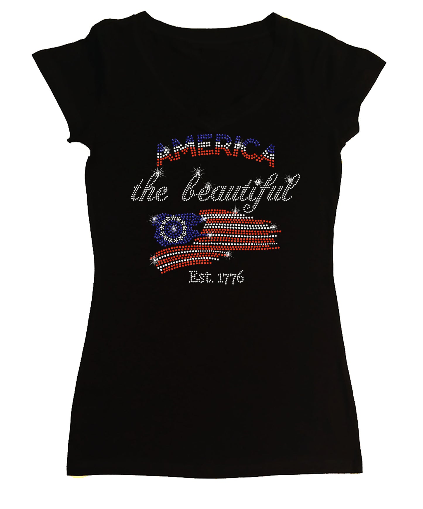 Women's Rhinestone Fitted Tight Snug America The Beautiful - in Red, White & Blue, Patriotic Shirt, 4th of July Shirt