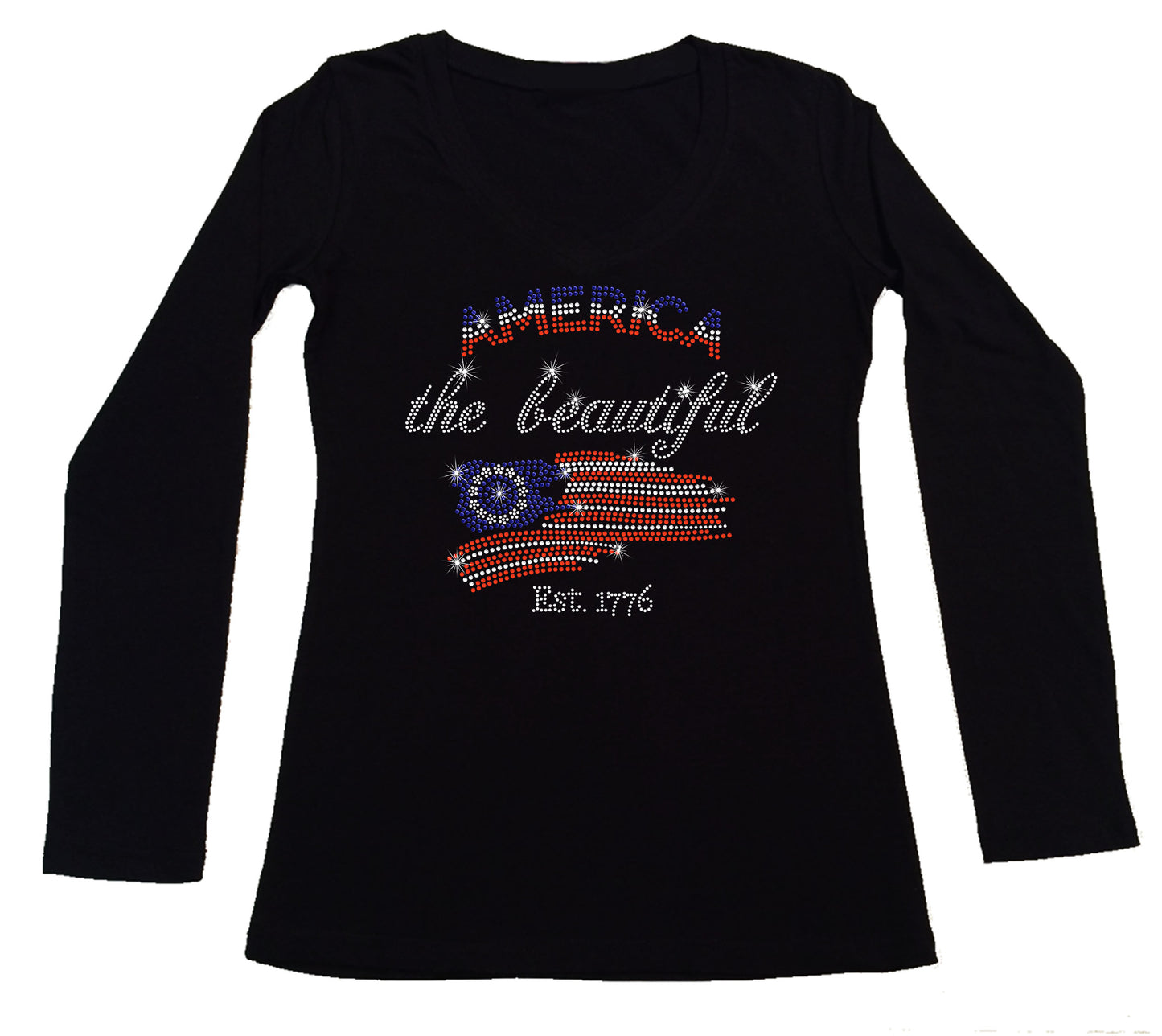Women's Rhinestone Fitted Tight Snug America The Beautiful - in Red, White & Blue, Patriotic Shirt, 4th of July Shirt