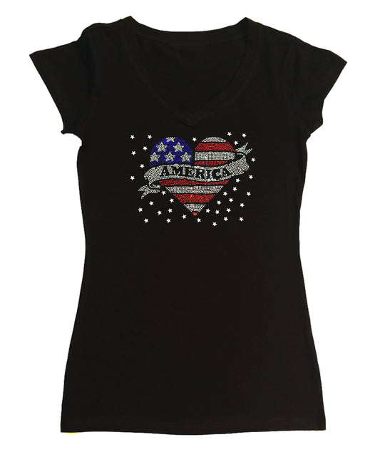 Womens T-shirt with America 4th of July Heart in Rhinestones