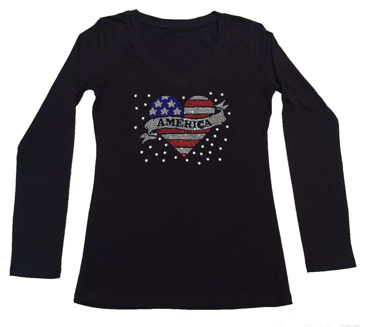 Womens T-shirt with America 4th of July Heart in Rhinestones