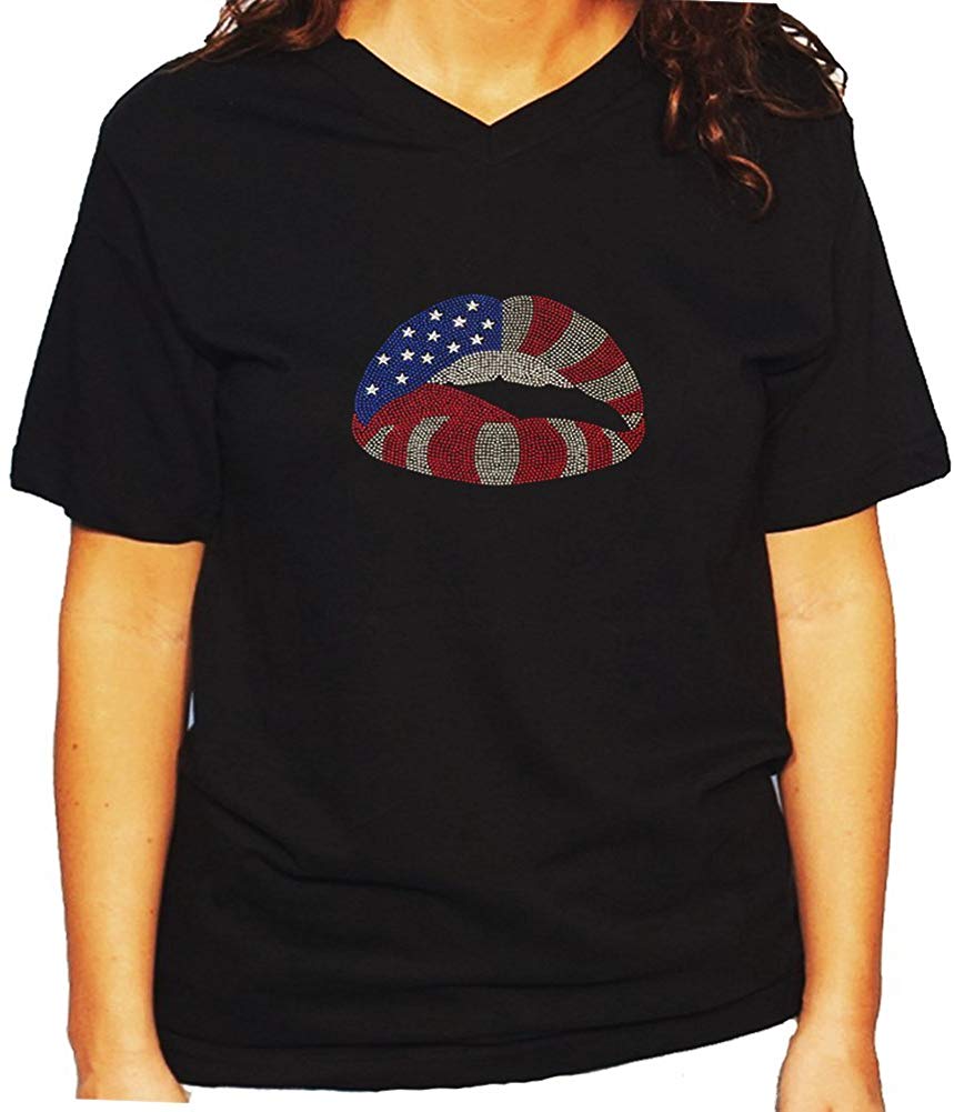 Women's / Unisex T-Shirt with American Flag Lips 4th of July in Rhinestuds