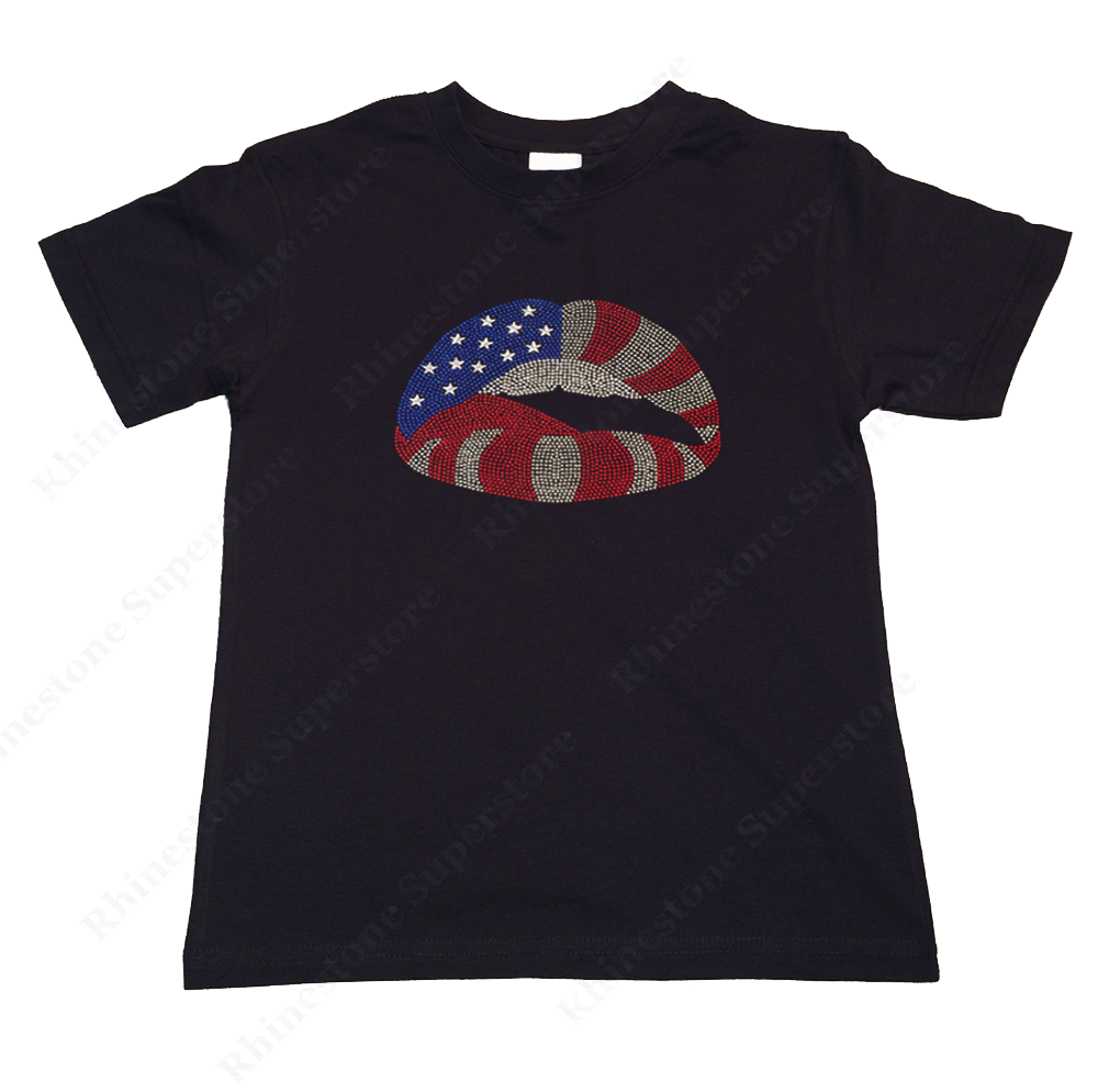 Girls Rhinestone T-Shirt " American Flag Lips 4th of July " Size 3 to 14 Available