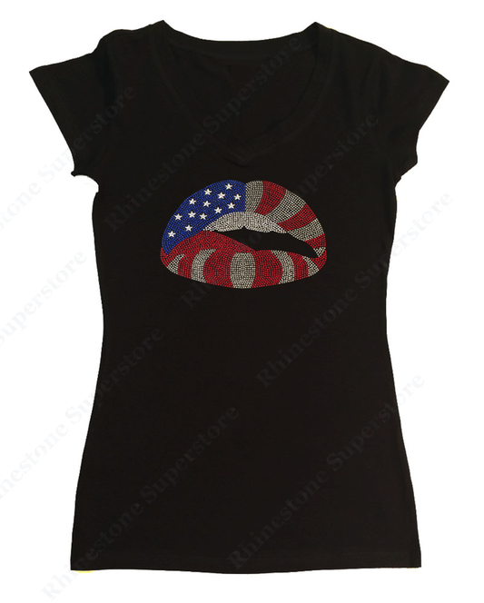 Womens T-shirt with American Flag Lips 4th of July in Rhinestuds