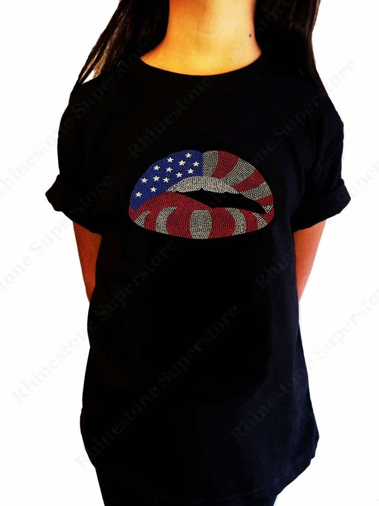 Girls Rhinestone T-Shirt " American Flag Lips 4th of July " Size 3 to 14 Available