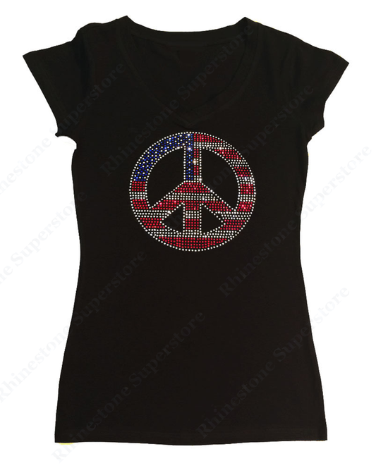 Womens T-shirt with American Flag Peace Sign 4th of July in Rhinestones