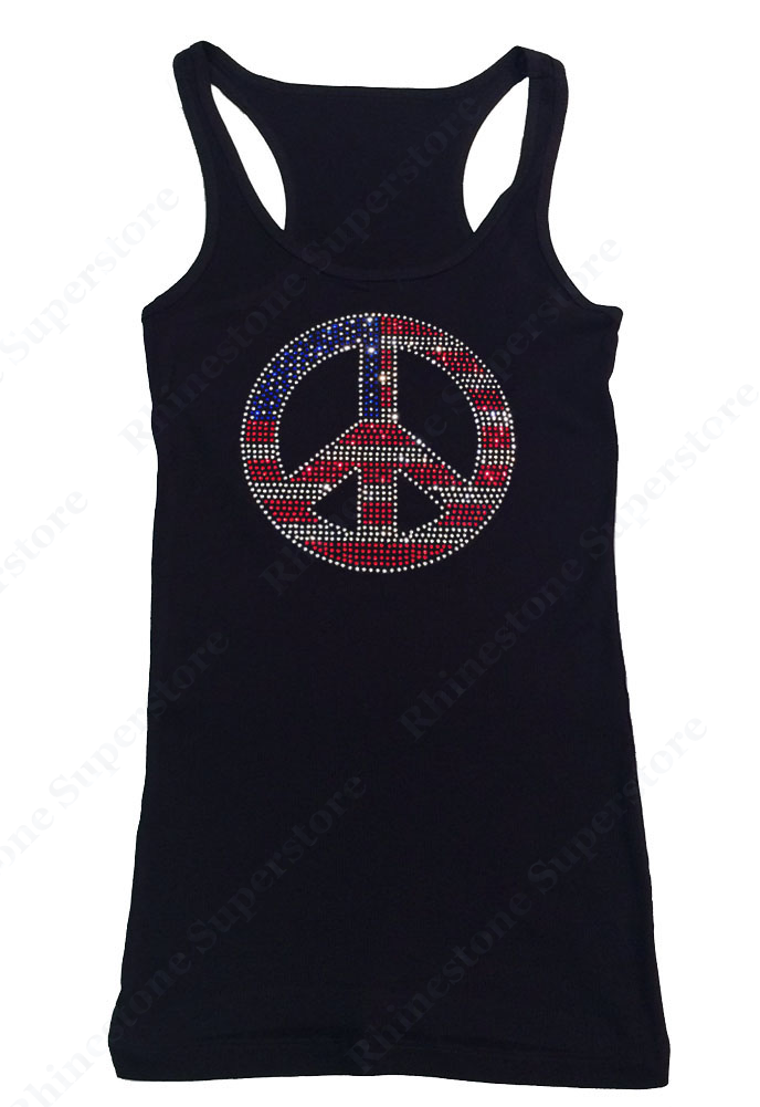 Womens T-shirt with American Flag Peace Sign 4th of July in Rhinestones