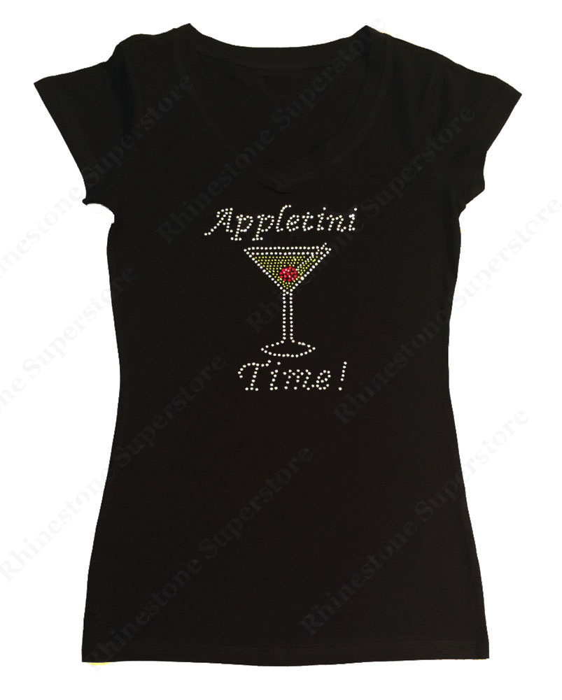 Womens T-shirt with Appletini Time in Rhinestones