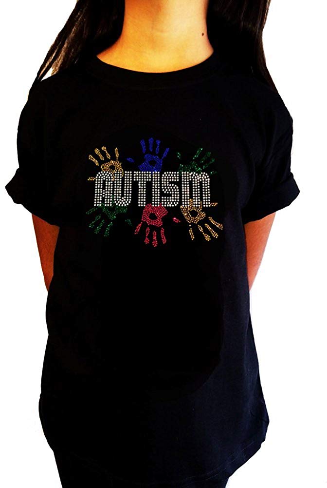 Girls Rhinestone T-Shirt " Autism Awareness with Handprint in Rhinestones " Kids Size 3 to 14 Available