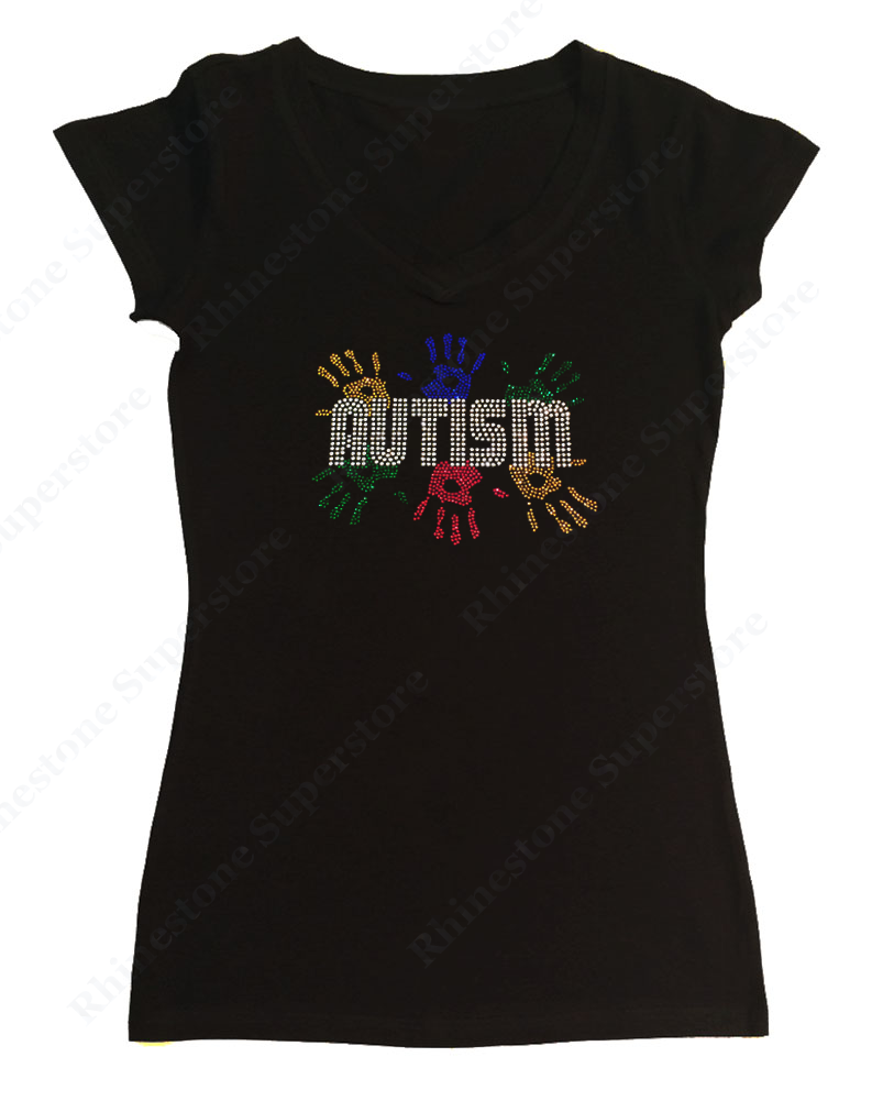 Womens T-shirt with Autism Awareness with Handprints in Rhinestones