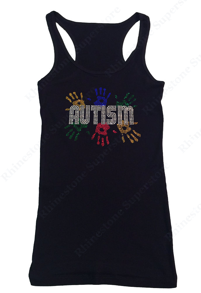 Womens T-shirt with Autism Awareness with Handprints in Rhinestones