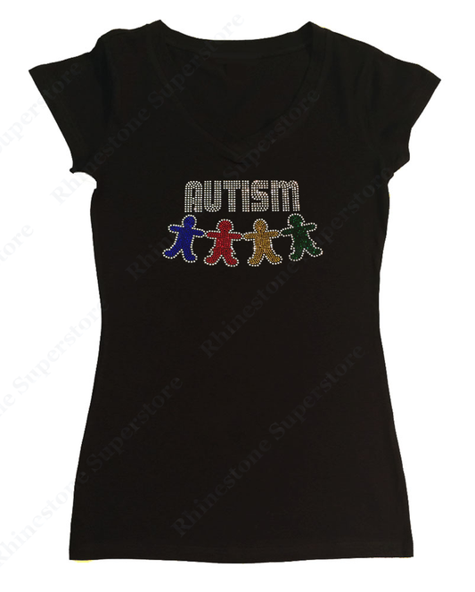 Womens T-shirt with Autism Awareness with Kids in Rhinestones