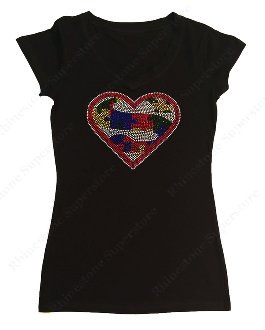 Womens T-shirt with Autism Super Heart in Rhinestones