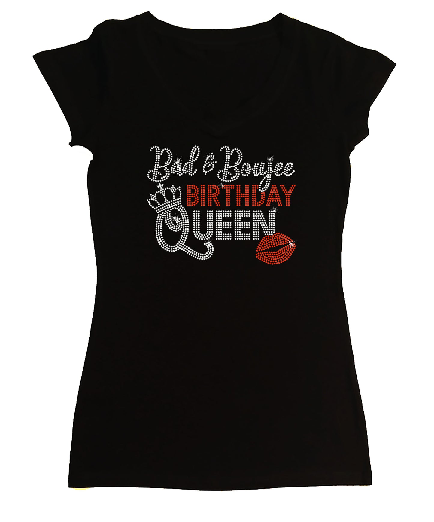 Women's Rhinestone Fitted Tight Snug Bad and Boujee Birthday Queen - Rhinestone Birthday Shirt