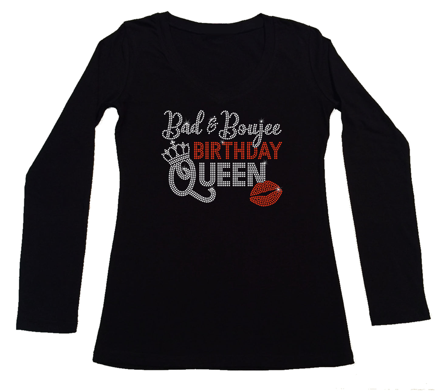 Women's Rhinestone Fitted Tight Snug Bad and Boujee Birthday Queen - Rhinestone Birthday Shirt