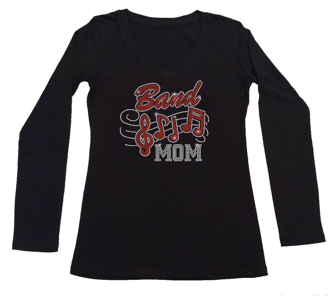 Women's Rhinestone Fitted Tight Snug Band Mom & Music Notes - Band Shirt