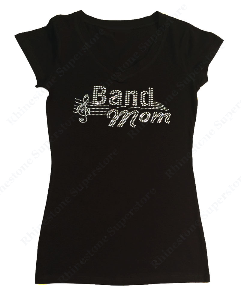 Womens T-shirt with Band Mom in Rhinestones