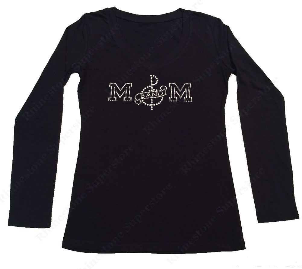 Womens T-shirt with Band Mom with Music Note in Rhinestones