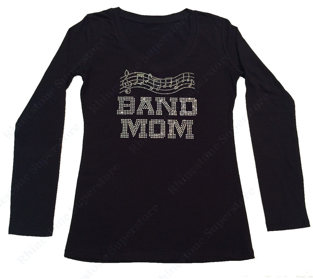 Womens T-shirt with Band Mom with Music Notes in Rhinestones