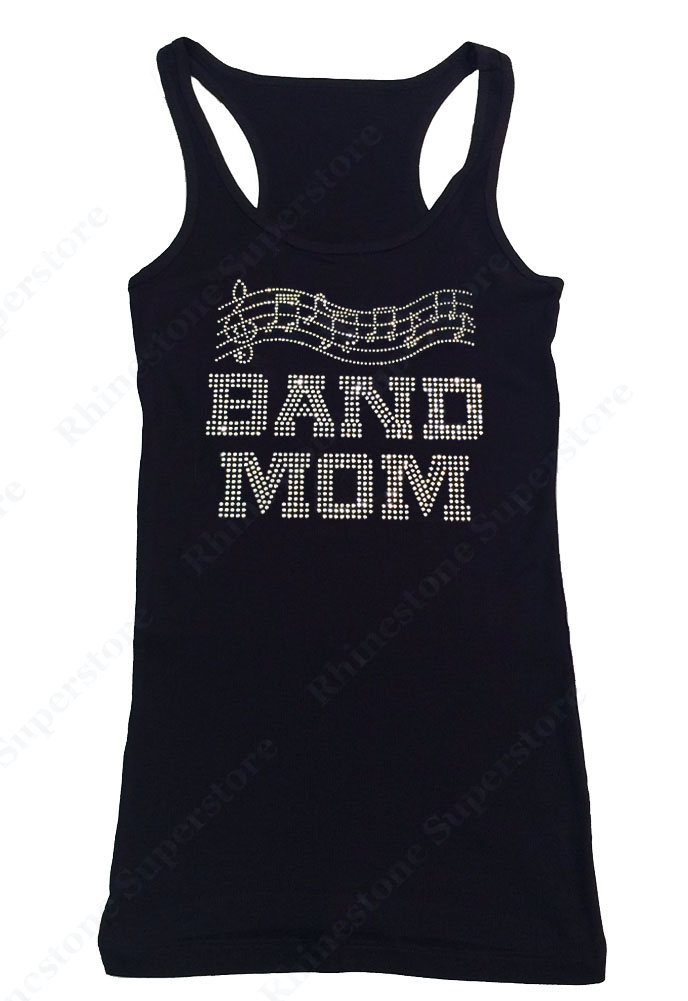 Womens T-shirt with Band Mom with Music Notes in Rhinestones