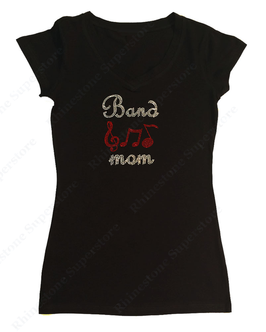 Womens T-shirt with Band Mom with Red Music Notes in Rhinestones