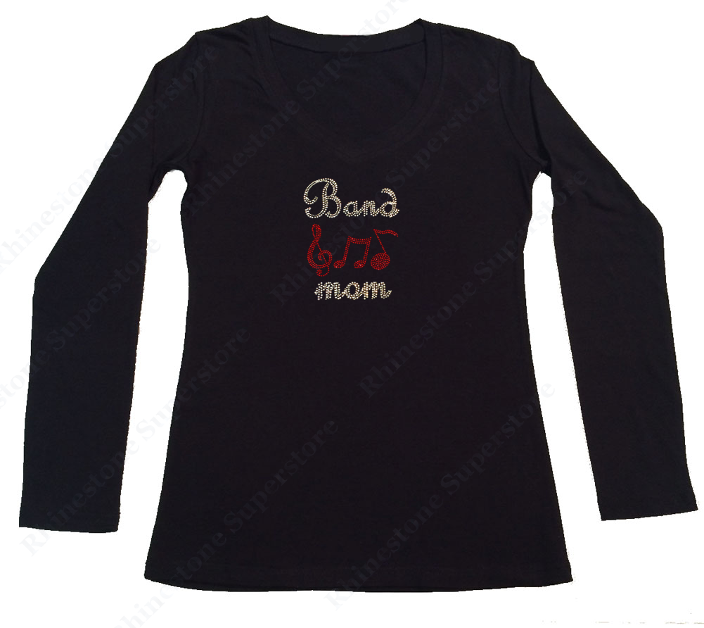 Womens T-shirt with Band Mom with Red Music Notes in Rhinestones