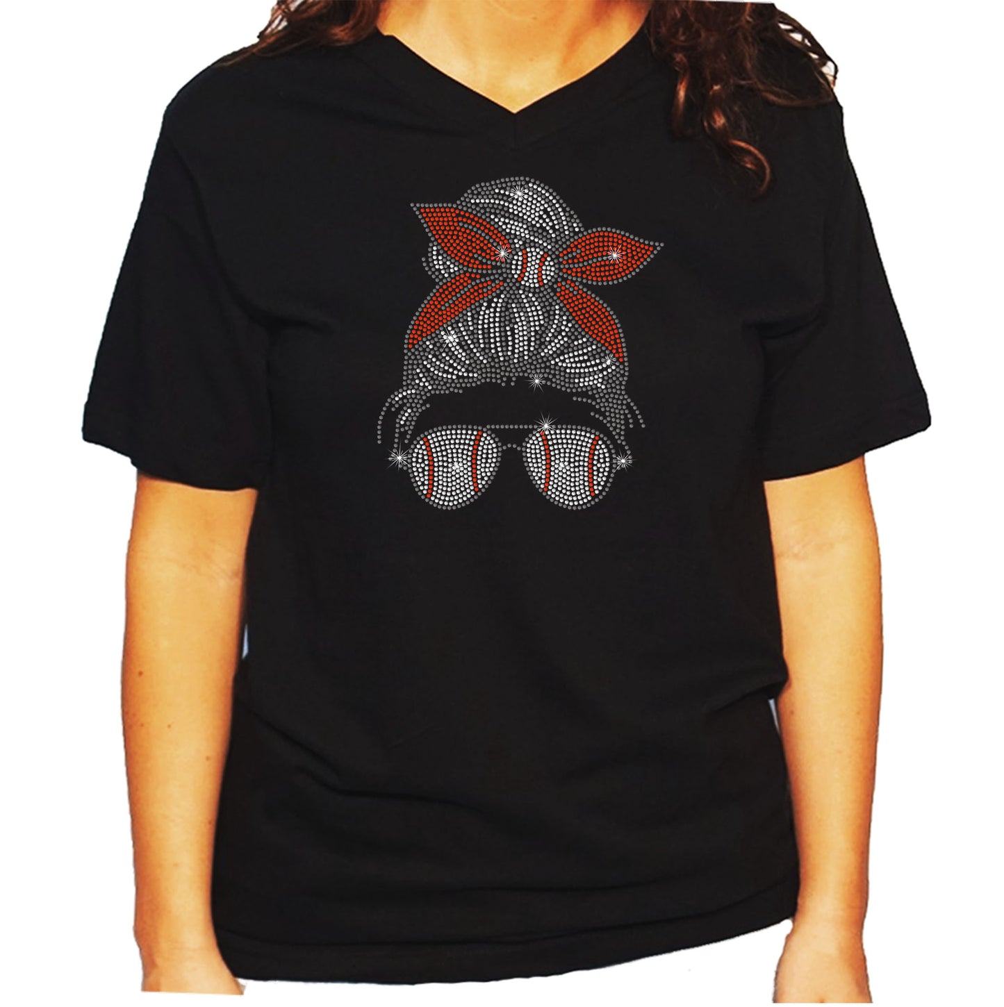 Women's/Unisex Rhinestone T-Shirt with Baseball Mom with Glasses and Hair Bun - Baseball Bandana, Baseball Shirt
