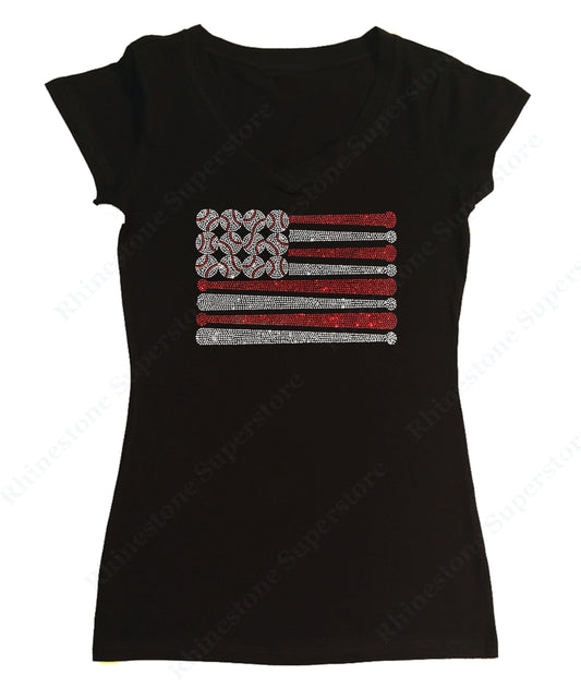 Womens T-shirt with Baseball Bats & Balls Flag in Rhinestones