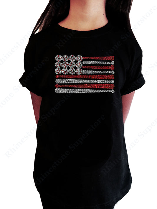 Girls Rhinestone T-Shirt " Baseball Bats & Balls Flag in Rhinestones " Kids Size 3 to 14 Available