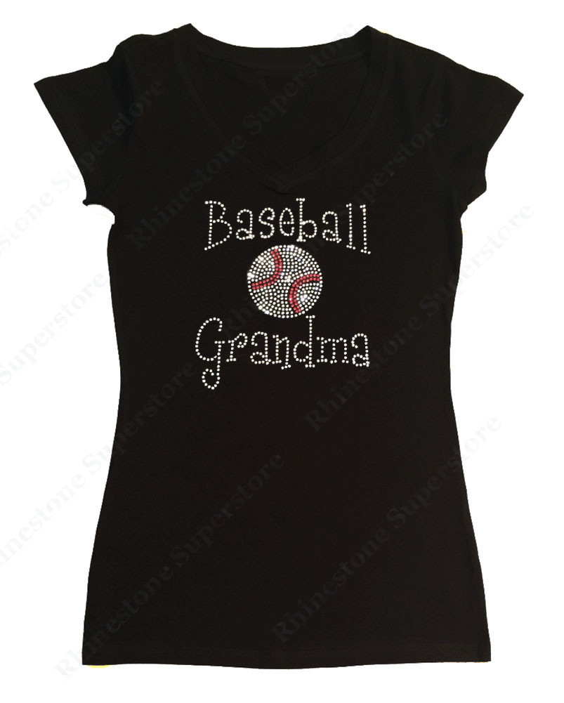 Womens T-shirt with Baseball Grandma in Single Line Font in Rhinestones