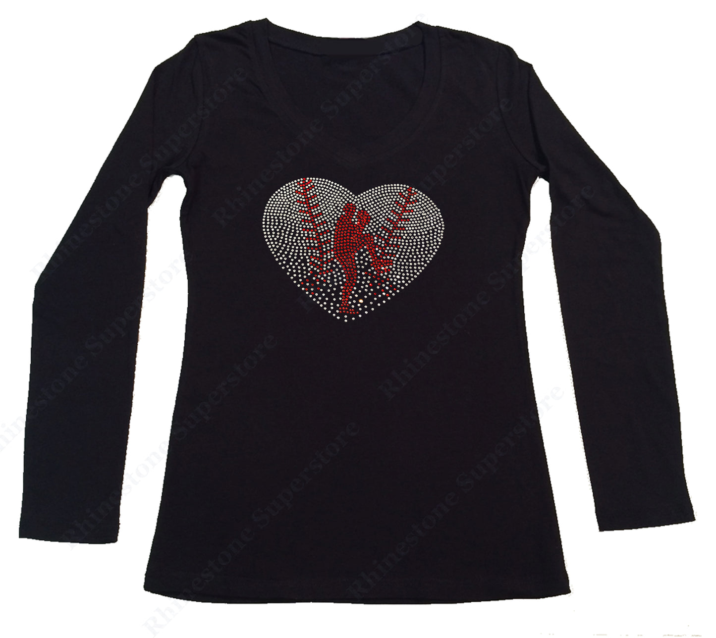 Womens T-shirt with Baseball Heart with Pitcher in Rhinestones