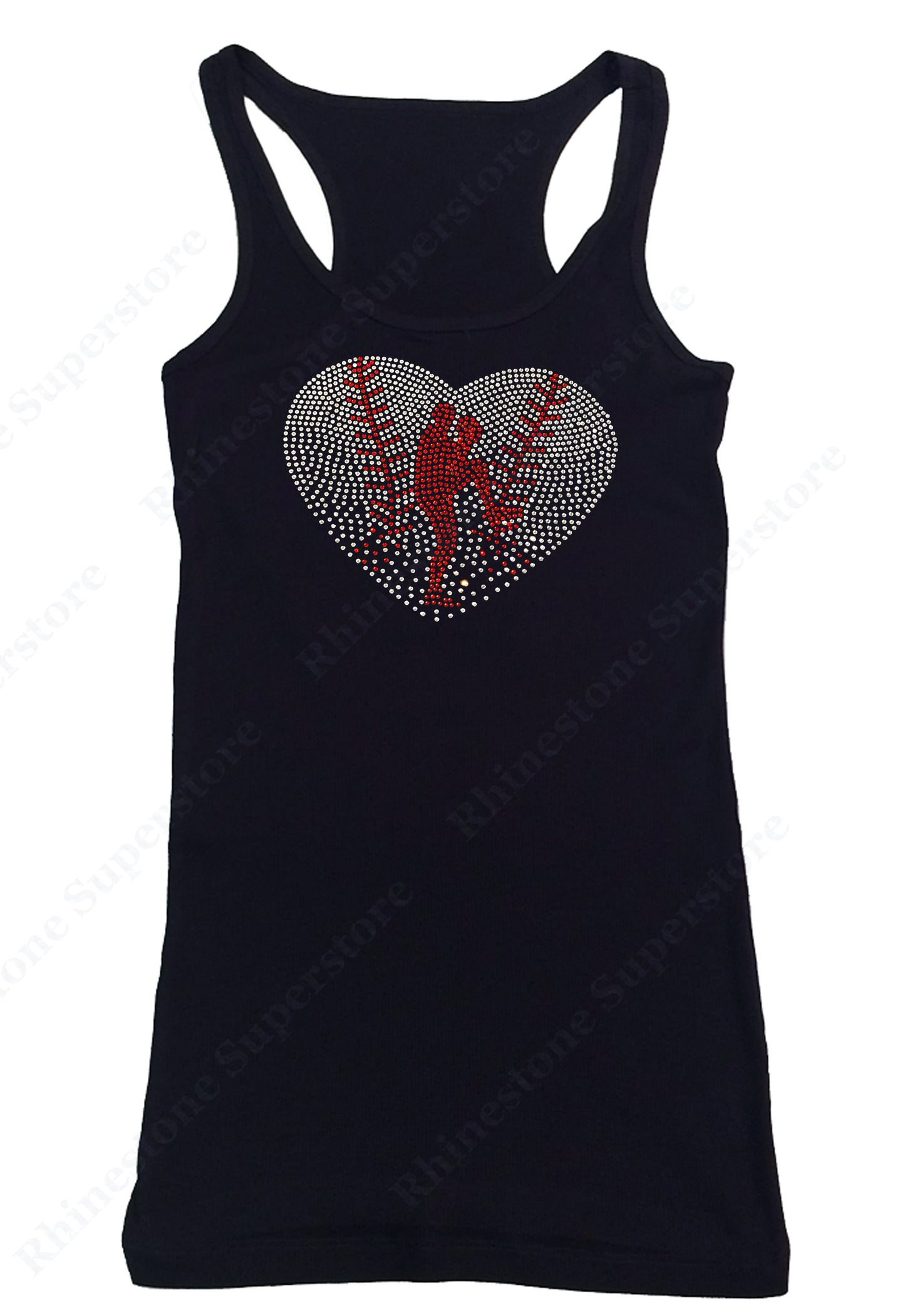 Womens T-shirt with Baseball Heart with Pitcher in Rhinestones