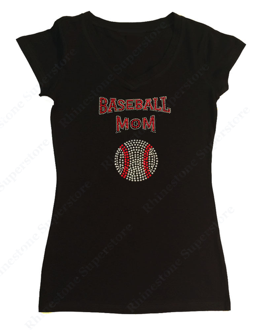 Womens T-shirt with Red Baseball Mom in Rhinestones