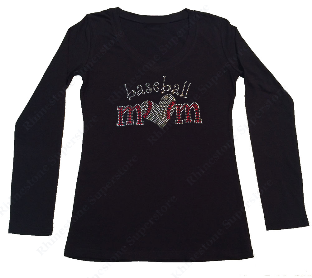 Womens T-shirt with Baseball Mom with Heart in Rhinestones