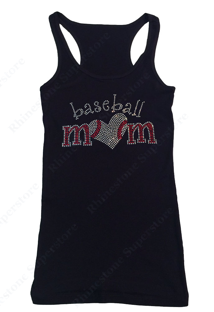 Womens T-shirt with Baseball Mom with Heart in Rhinestones