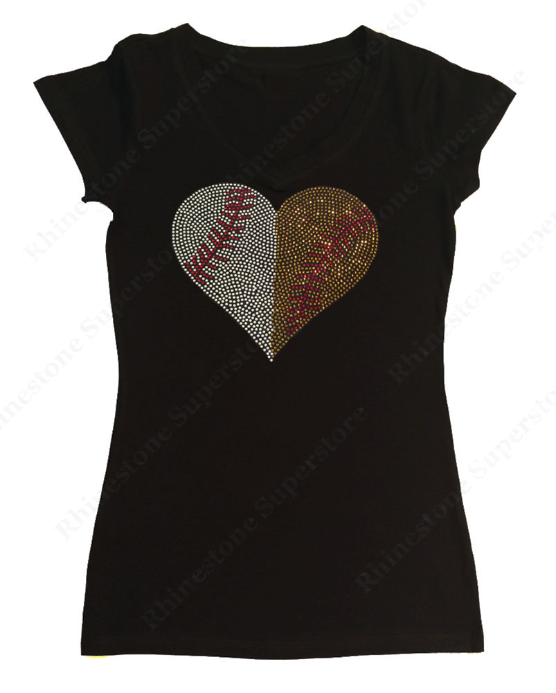 Womens T-shirt with Baseball Softball Heart in Rhinestones