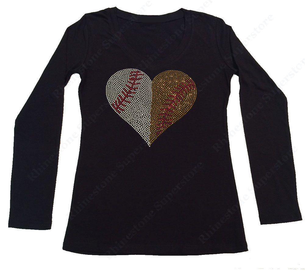 Womens T-shirt with Baseball Softball Heart in Rhinestones