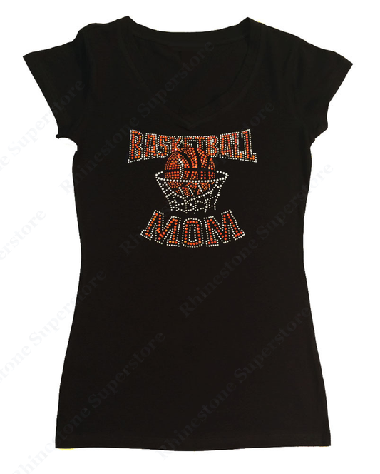 Womens T-shirt with Basketball Mom in Rhinestones