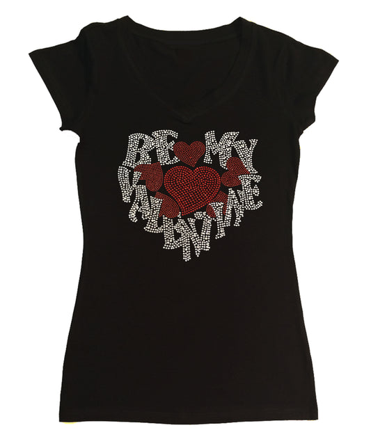 Womens T-shirt with Be My Valentine with Red Hearts in Rhinestones