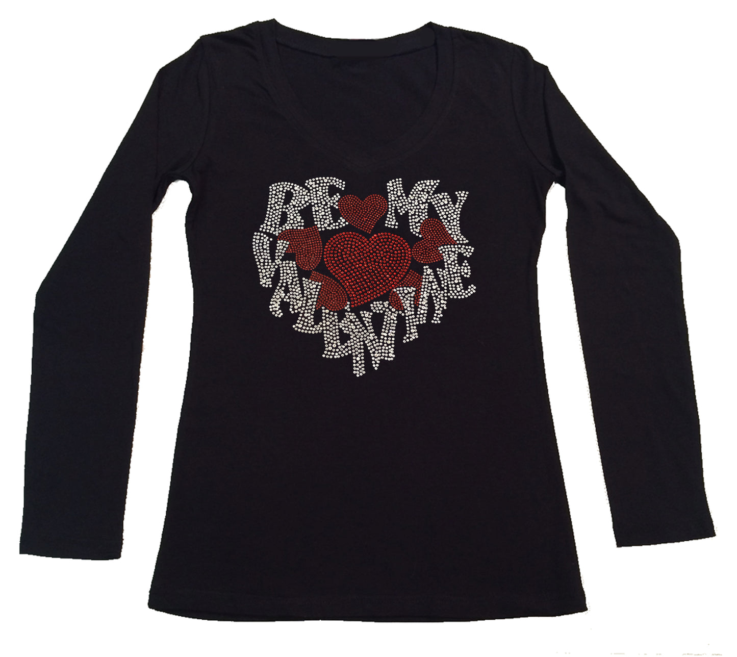 Womens T-shirt with Be My Valentine with Red Hearts in Rhinestones