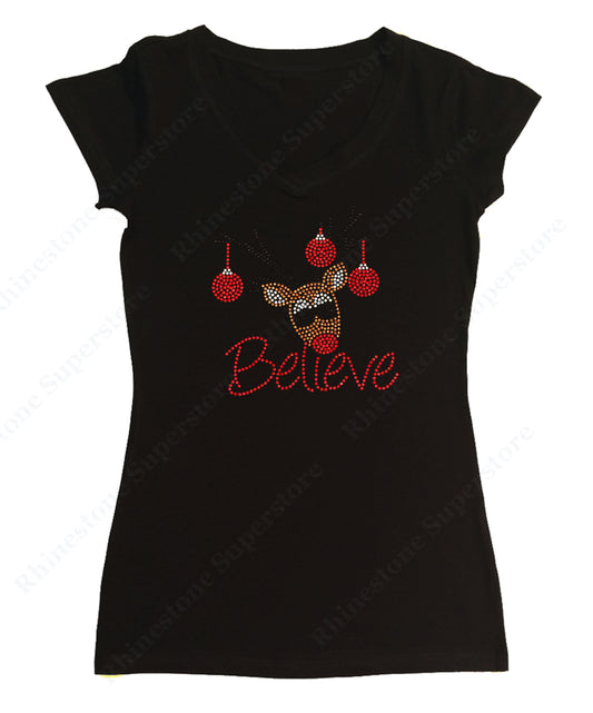 Womens T-shirt with Believe Reindeer in Rhinestuds cap sleeve