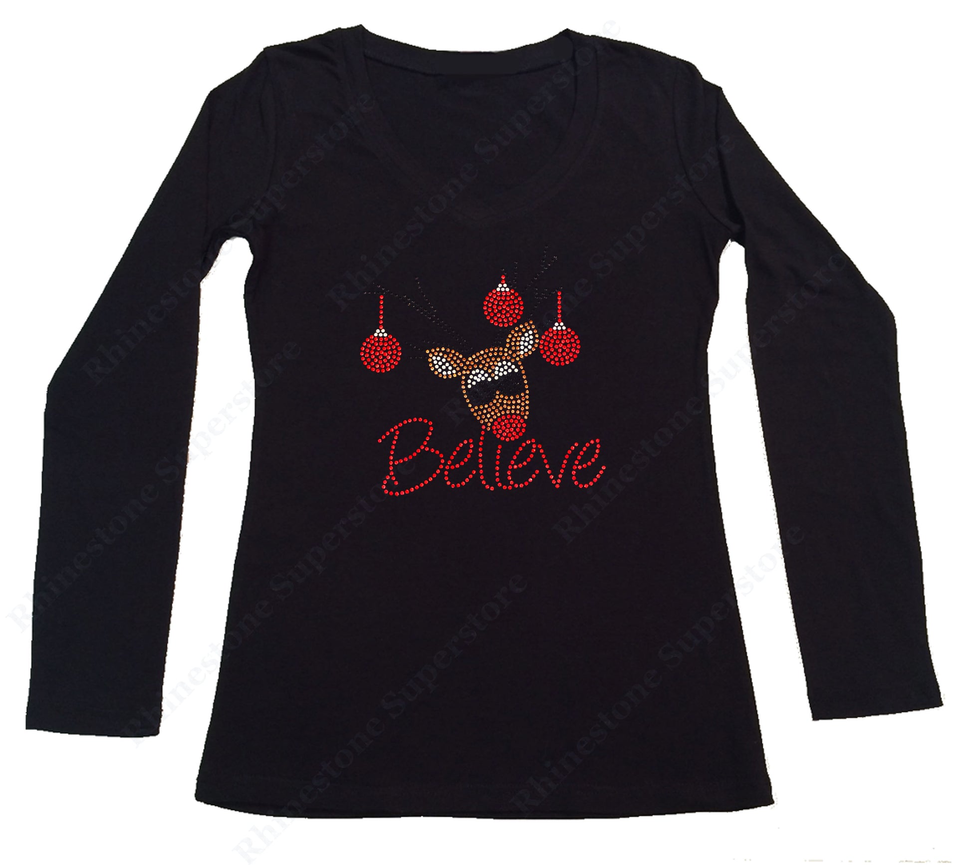 Womens T-shirt with Believe Reindeer in Rhinestuds long sleeve