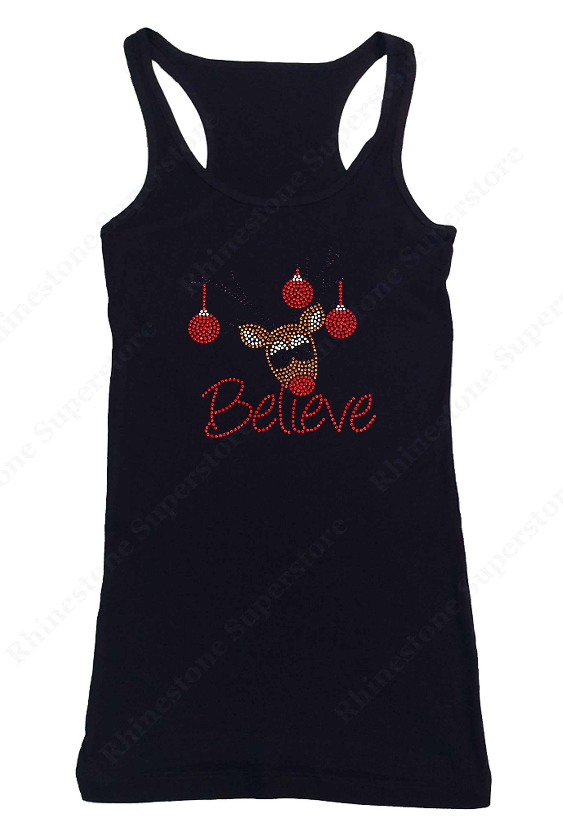 Womens T-shirt with Believe Reindeer in Rhinestuds tank top