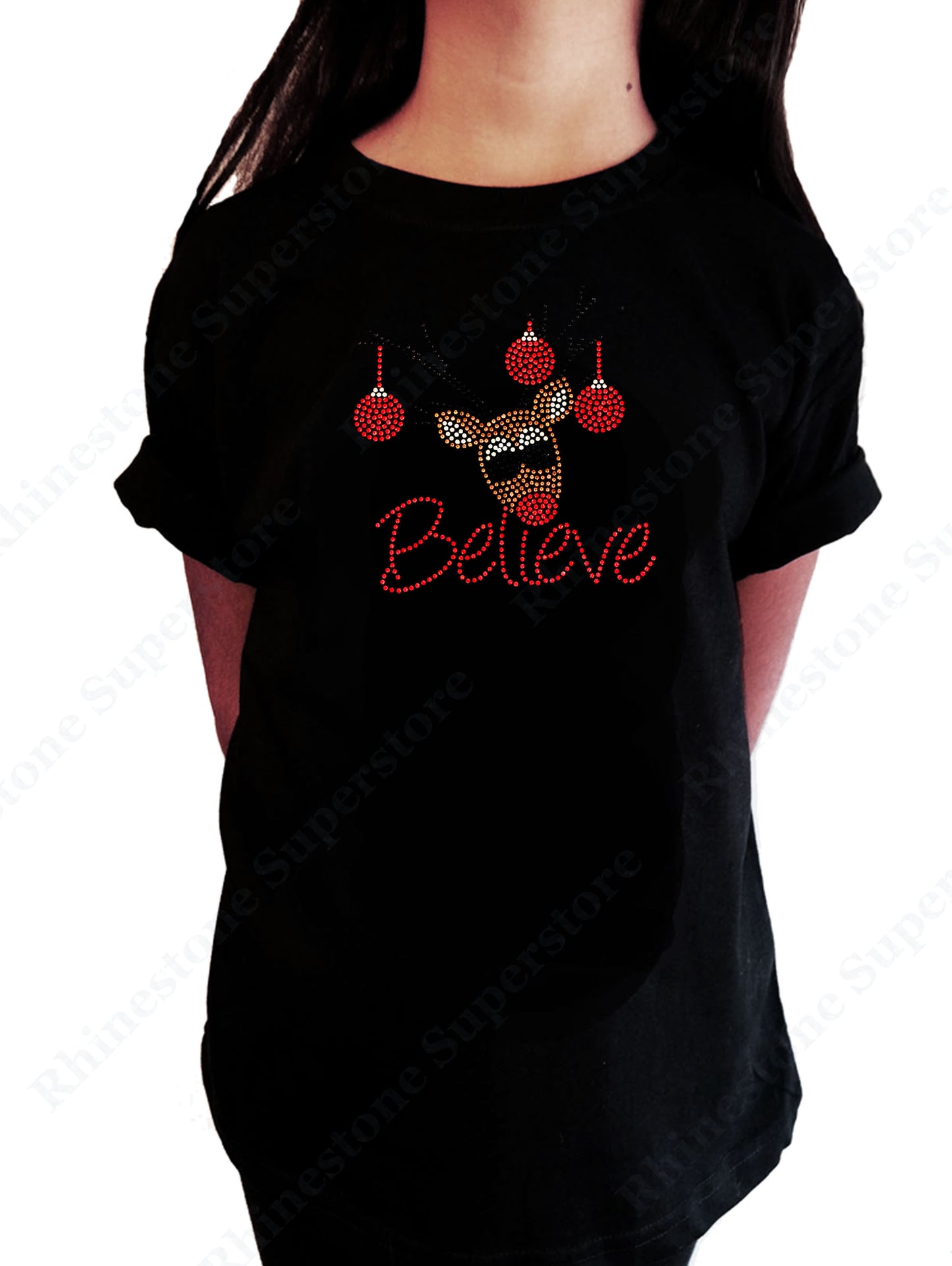 Girls Rhinestud T-Shirt " Believe Reindeer " Kids Size 3 to 14 Available