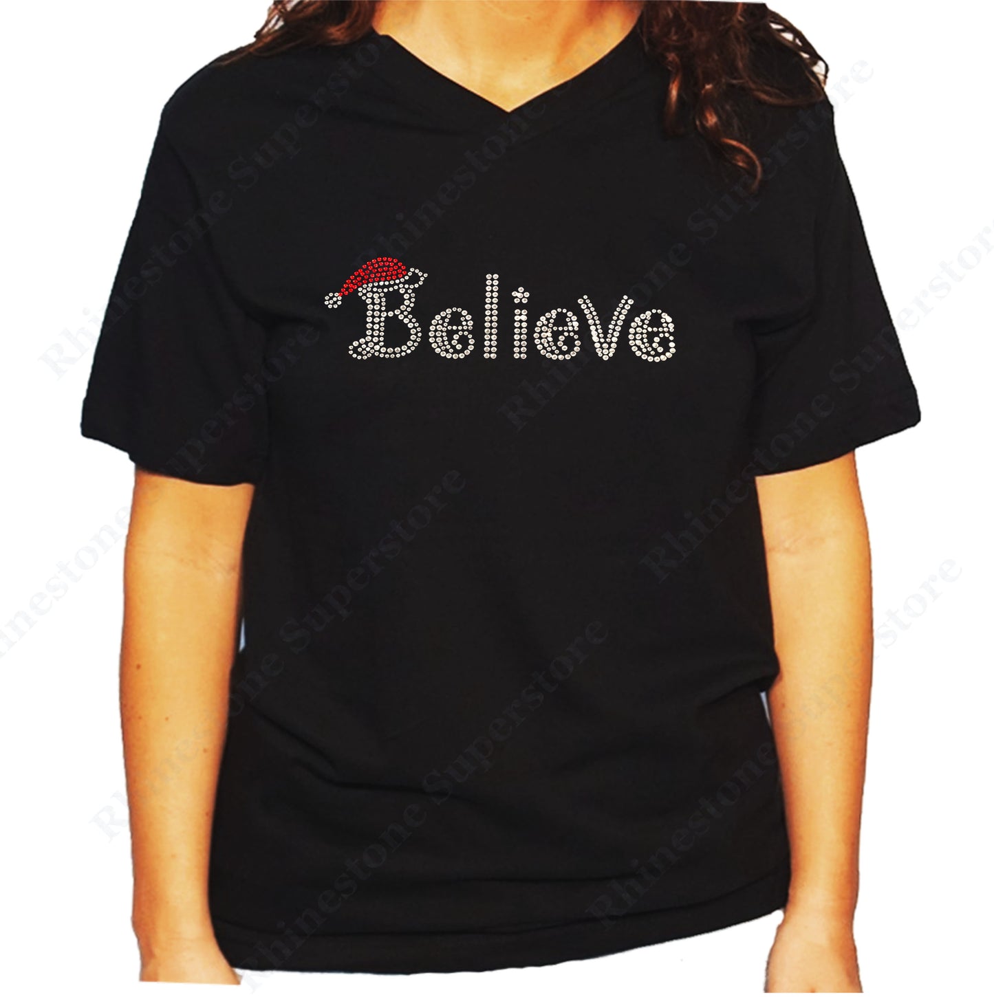 Women's / Unisex T-Shirt with Believe with Santa Hat for Christmas in Rhinestones